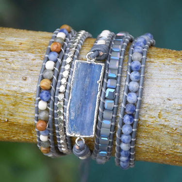 Natural BLUE TOPAZ & Labradorite /Stone Leather Wrap HONESTY Bracelet